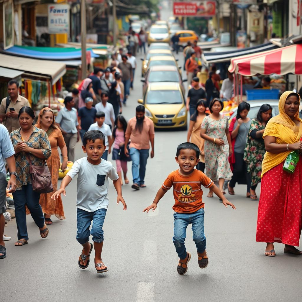 A lively market scene on a busy street, where two older children play in the middle of the road, adding a sense of joy and playfulness to the atmosphere