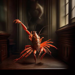 A crayfish styled as a ballerina striking a dramatic pose, in a setting that conjures a sense of history. The scene is taken in the style of a dramatic black and white photograph.