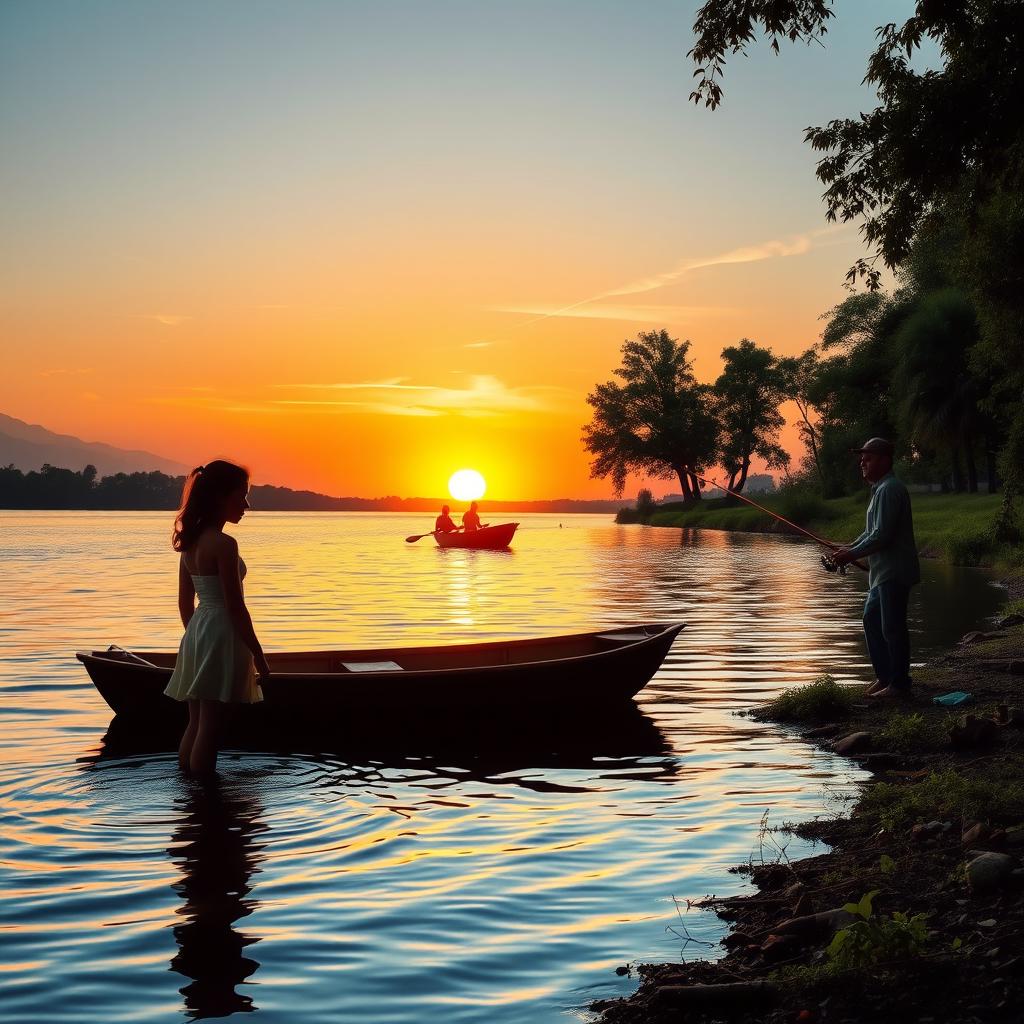 A serene scene at sunset, featuring a girl standing in a gentle river, her silhouette illuminated by the warm hues of the setting sun