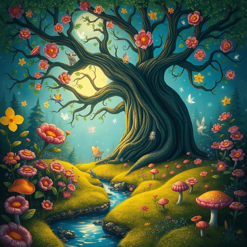 A whimsical and enchanting scene depicting a magical forest filled with vibrant, oversized flowers and sparkling lights
