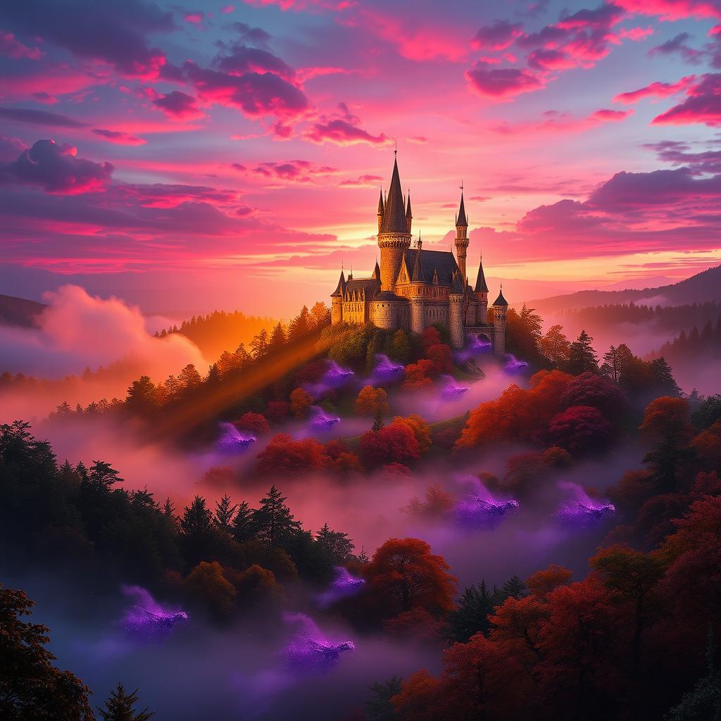 A stunning fantasy landscape illuminated by fantastic storytelling lighting, featuring a majestic castle atop a hill surrounded by vibrant, enchanted forests