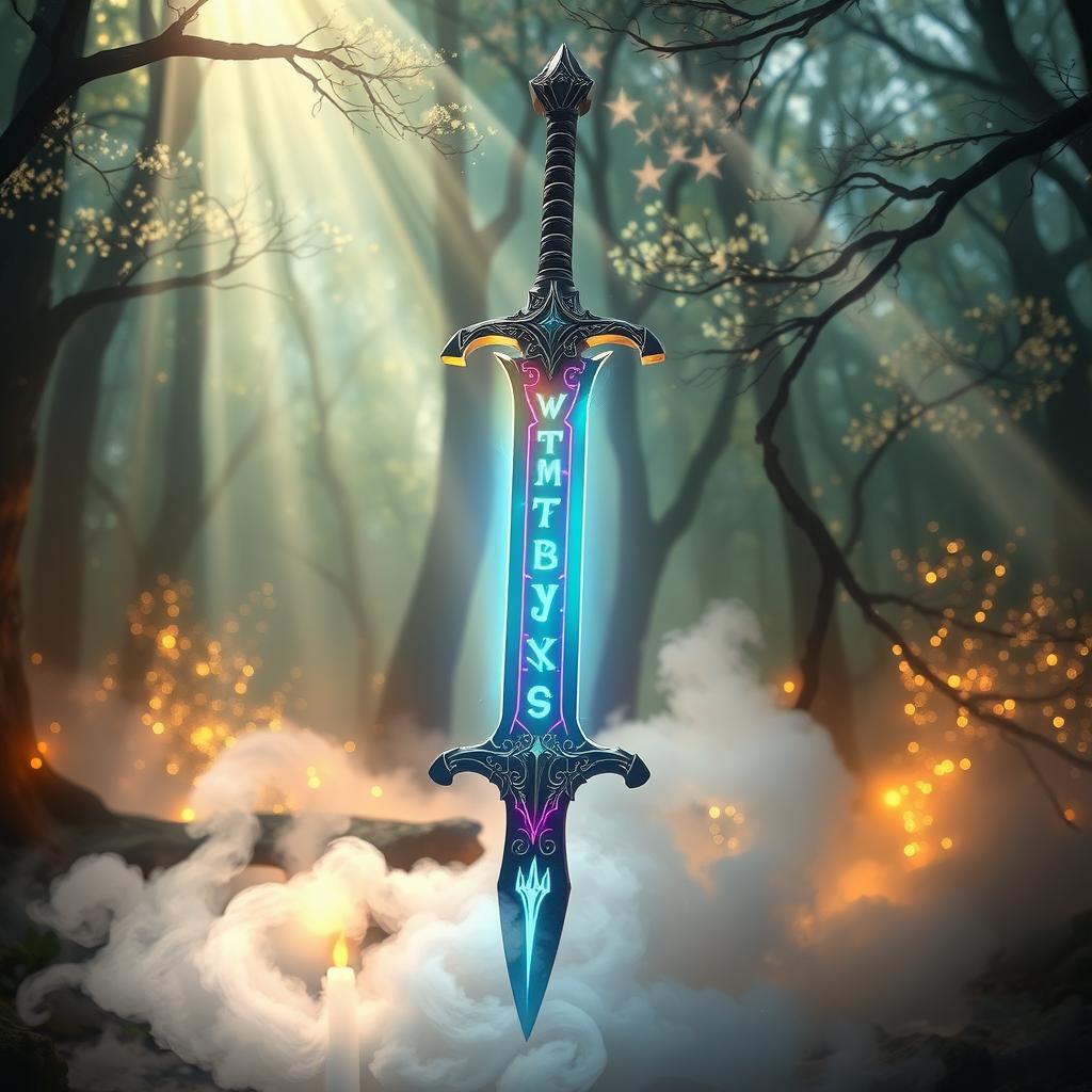 A mesmerizing fantasy scene featuring a mystical sword illuminated by fantastic, ethereal lighting