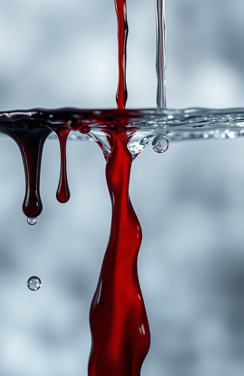 An artistic depiction of a contrasting scene featuring blood dripping on one side and clear water dripping on the other side, both elegantly blending at the center