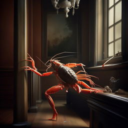 A crayfish styled as a ballerina striking a dramatic pose, in a setting that conjures a sense of history. The scene is taken in the style of a dramatic black and white photograph.