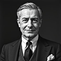 An elegant black and white portrait of an older male Baltic politician from the 1930s, exuding a sexy and charismatic presence