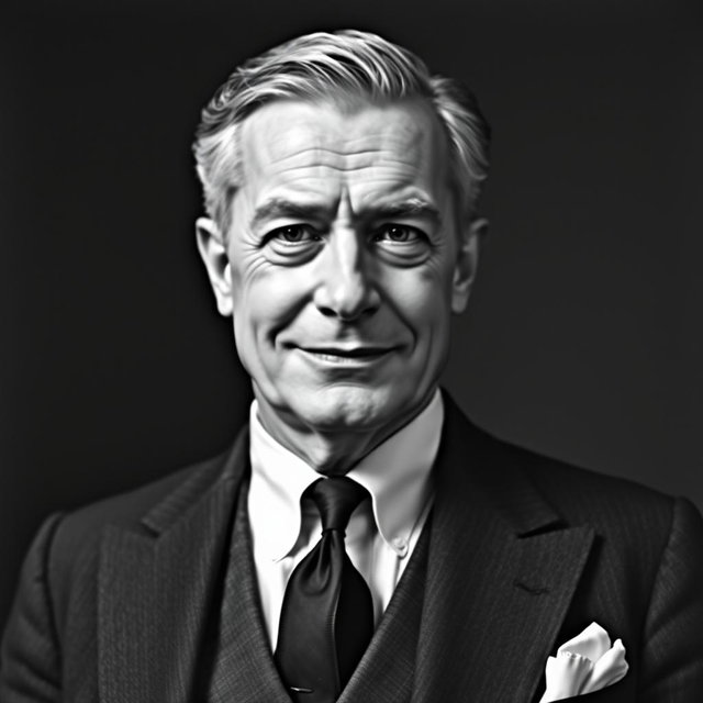An elegant black and white portrait of an older male Baltic politician from the 1930s, exuding a sexy and charismatic presence