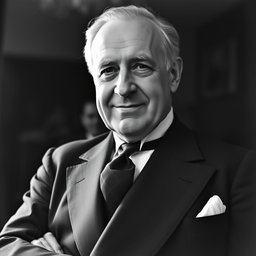 An elegant black and white portrait of an older male Baltic politician from the 1930s, exuding a sexy and charismatic presence