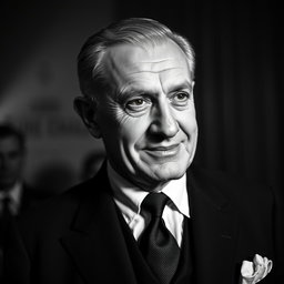 An elegant black and white portrait of an older male Baltic politician from the 1930s, exuding a sexy and charismatic presence