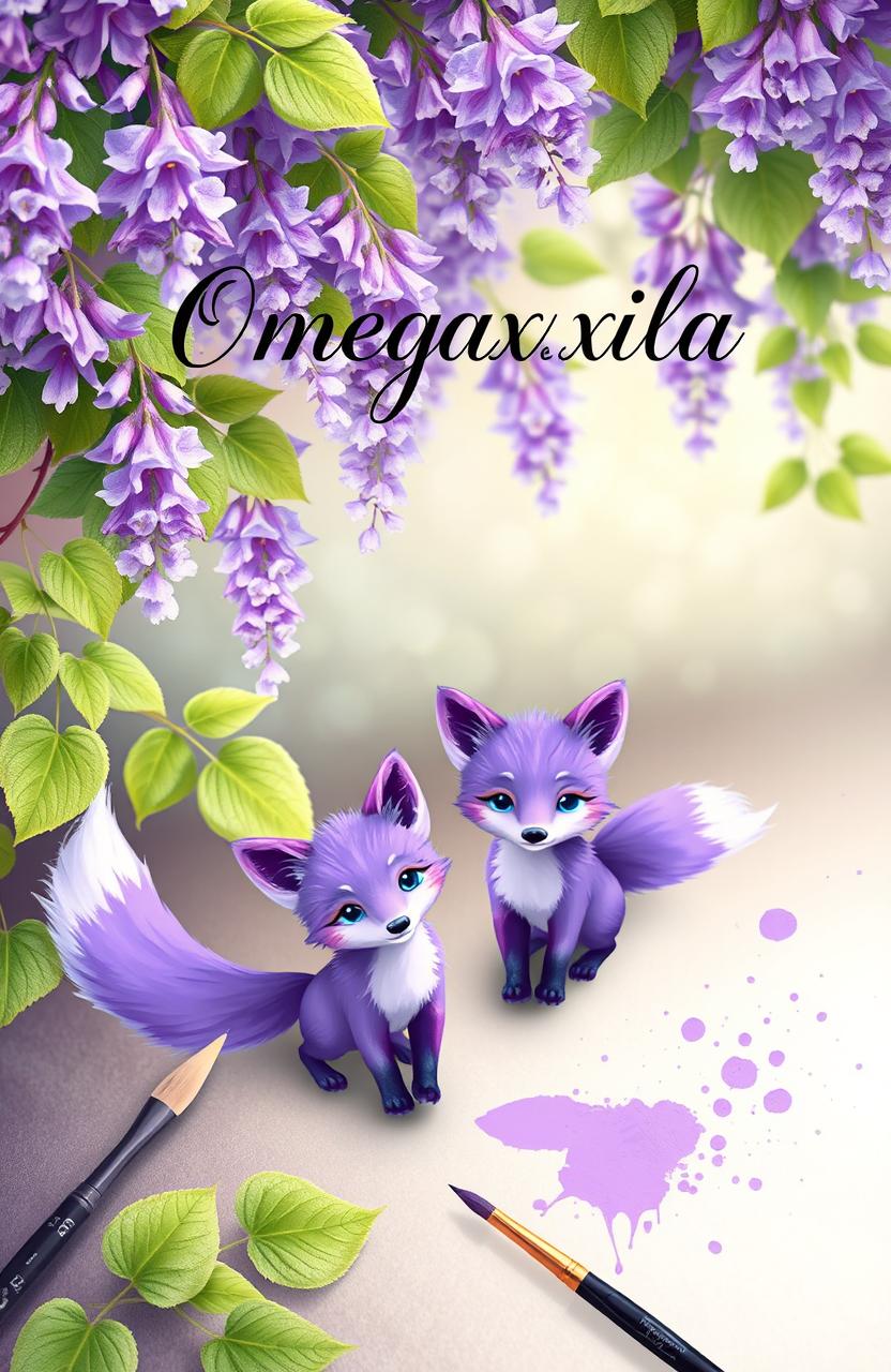 A whimsical and enchanting scene featuring lush wisteria flowers cascading gracefully across the frame, their delicate purple hues contrasted against vibrant green leaves