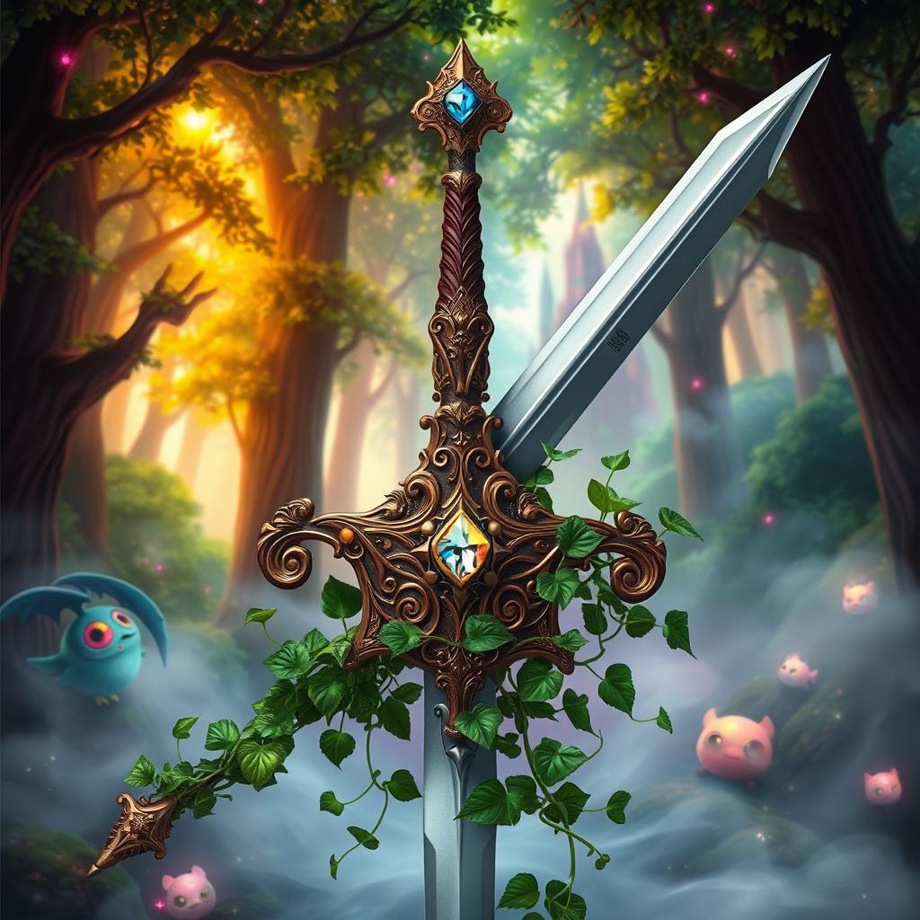 A fantastical scene featuring an ornate sword with intricate designs and shimmering gems embedded in its hilt