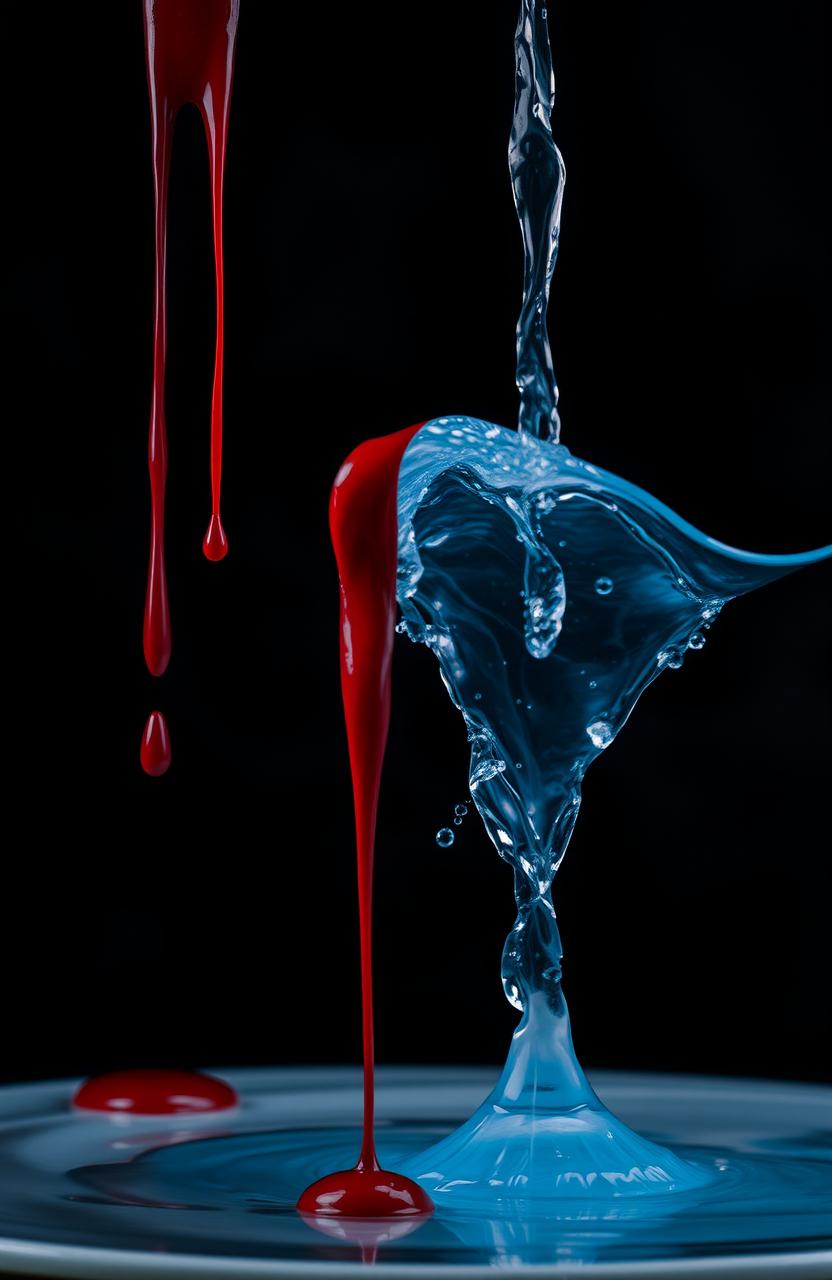 An artistic representation of contrasting elements, featuring blood dripping on one side and water dripping on the other side