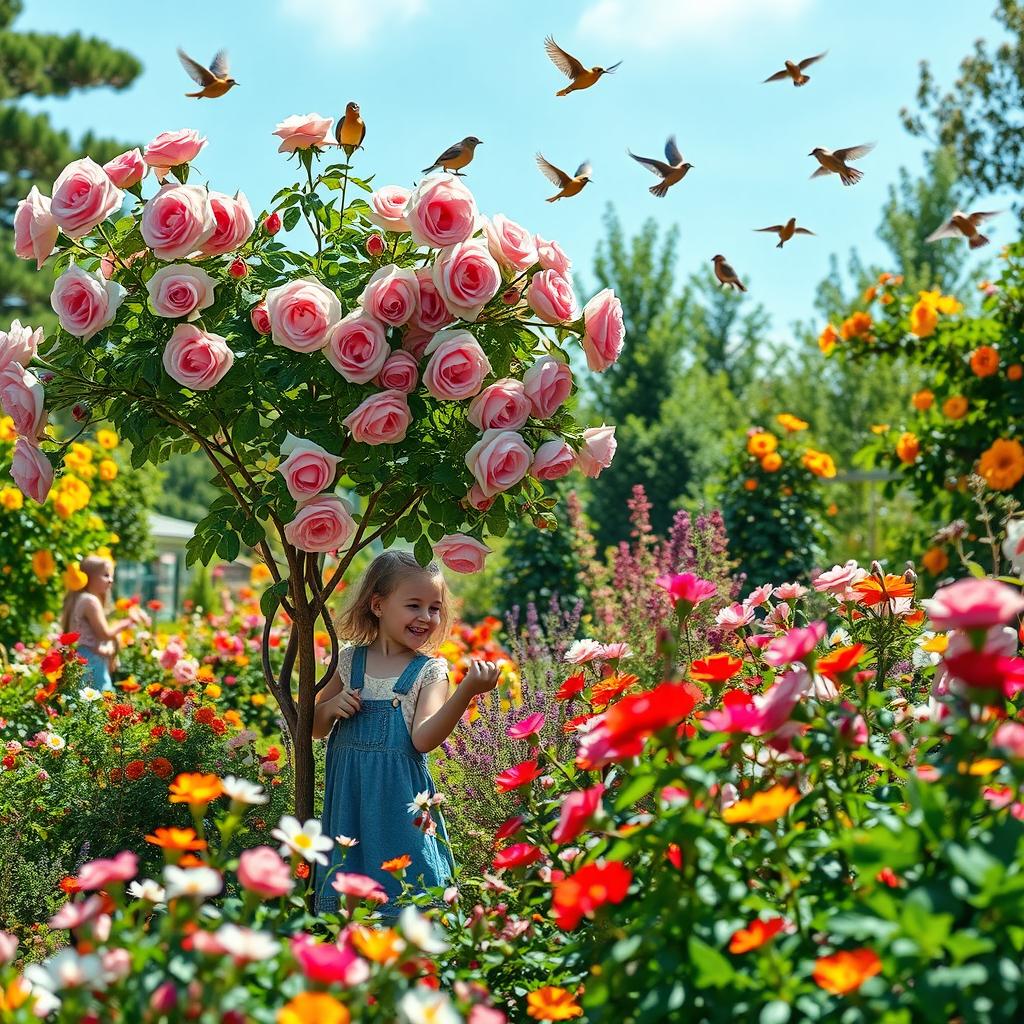 A picturesque garden filled with a vibrant array of blooming flowers, where a girl is happily picking blossoms among a variety of colorful plants
