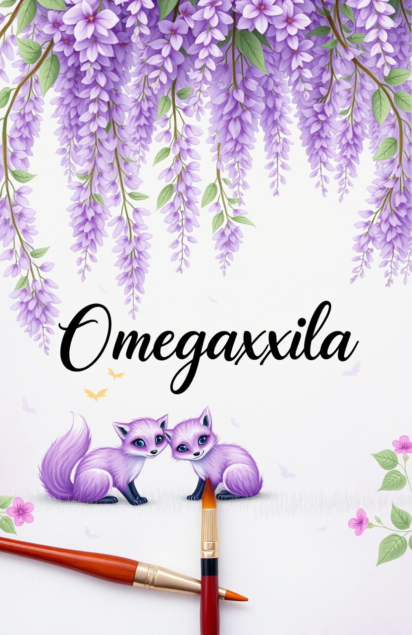 A whimsical art piece featuring delicate wisteria flowers in various shades of purple, cascading elegantly from the top of the image