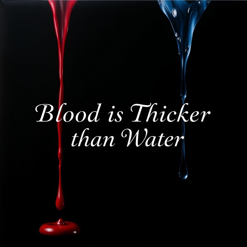 An artistic representation titled 'Blood is Thicker than Water,' featuring blood dripping on one side and water dripping on the other