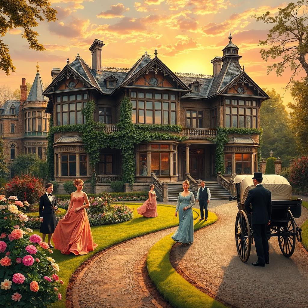 A stunning scene set in the 1800s, showcasing a magnificent Victorian mansion surrounded by lush gardens and blooming flowers