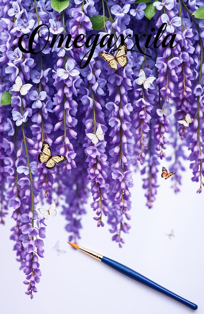 A whimsical arrangement of wisteria flowers cascading down, with delicate butterflies fluttering around