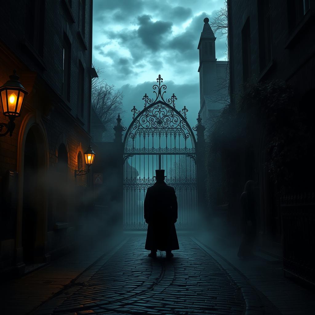 A dark and eerie scene set in the 1800s, showcasing a fog-filled Victorian alleyway illuminated by dim gas lamps