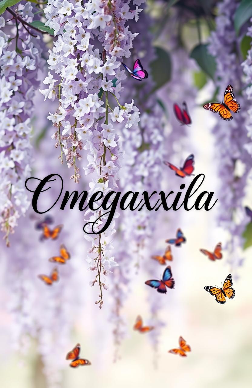A serene and artistic scene featuring delicate wisteria flowers in blooming clusters