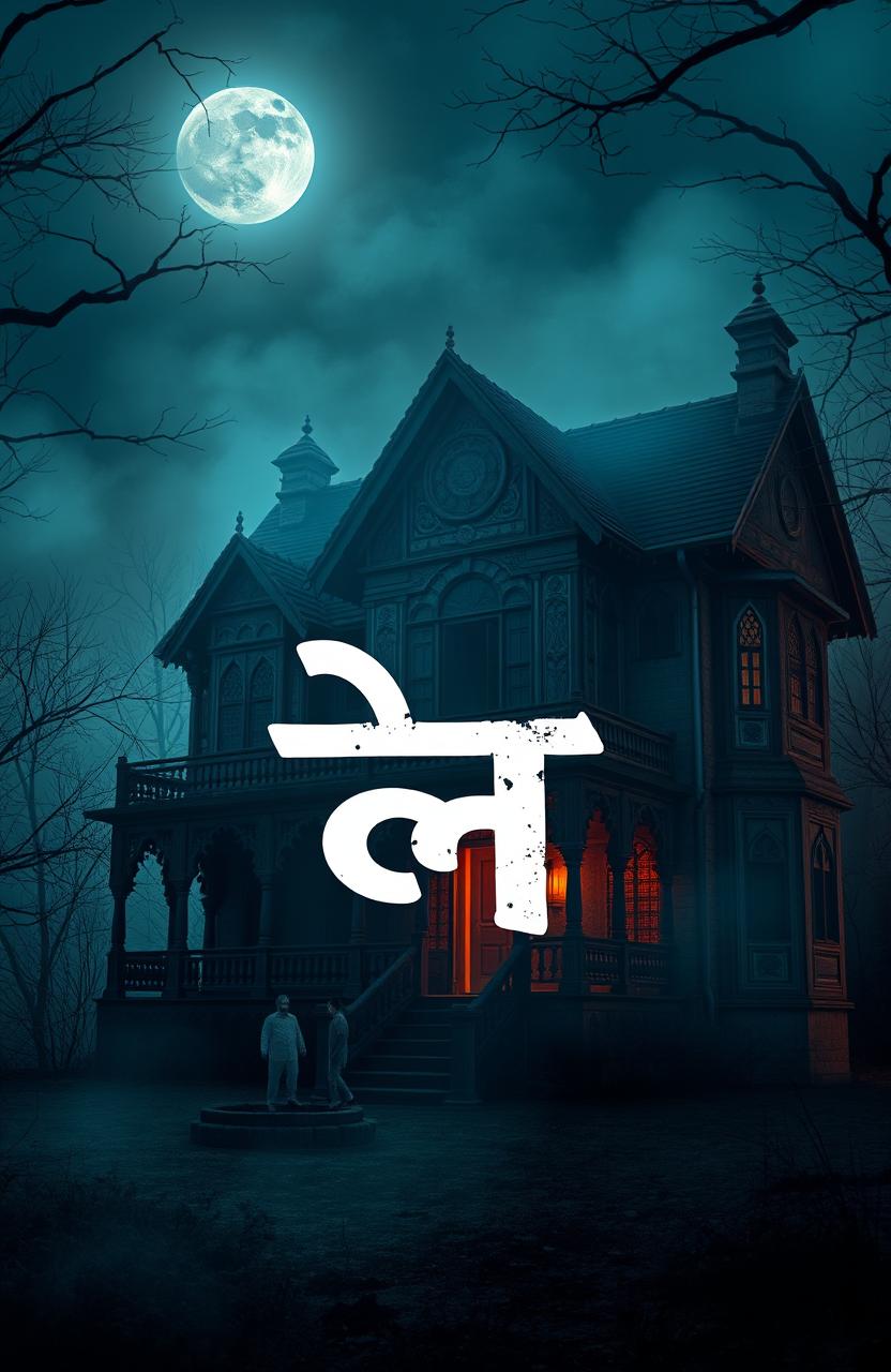 A spooky and atmospheric old house, inspired by ghost stories, reminiscent of traditional Indian architecture with intricate carvings and gothic elements, surrounded by a misty landscape, a full moon illuminating the scene, and shadows casting eerie shapes