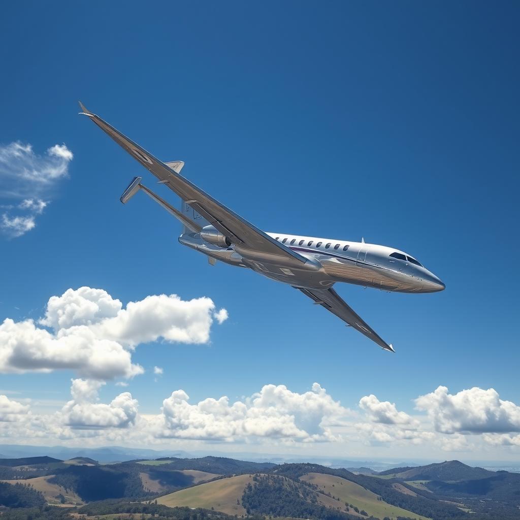 A sleek modern airplane soaring through a clear blue sky, surrounded by fluffy white clouds