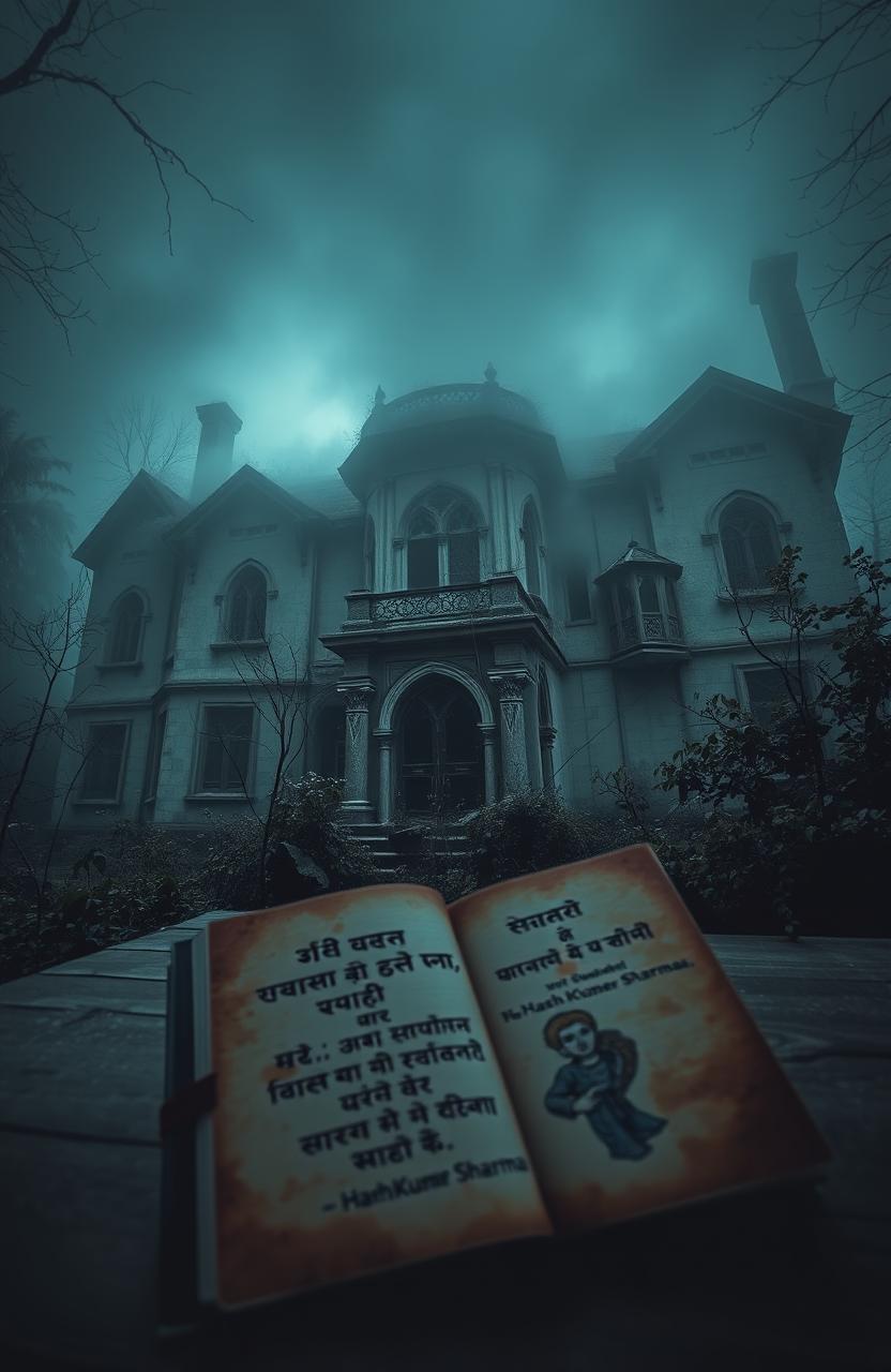 An eerie, dilapidated mansion with a haunting atmosphere, surrounded by thick mist and overgrown vegetation