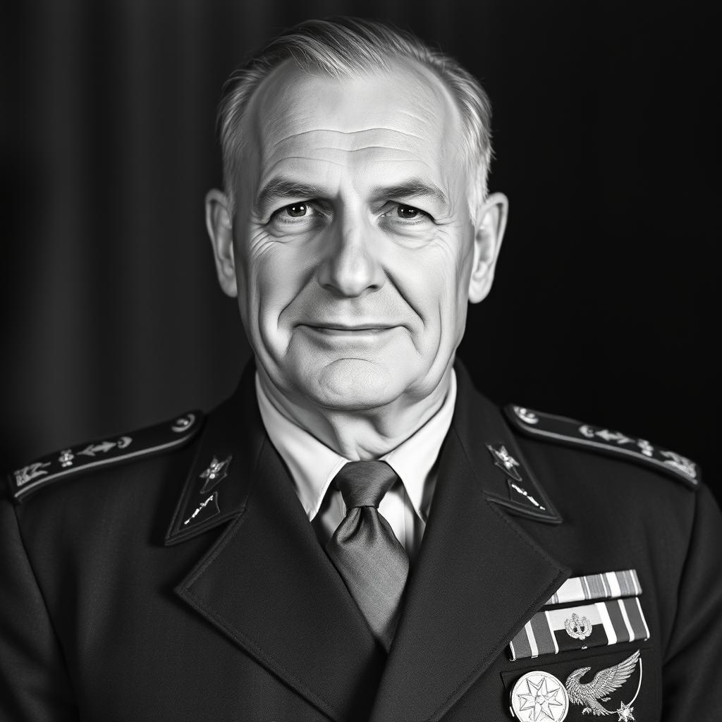 A striking black and white portrait of an older male Baltic general from the 1930s, exuding a sexy and commanding presence