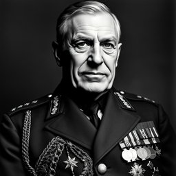 A striking black and white portrait of an older male Baltic general from the 1930s, exuding a sexy and commanding presence