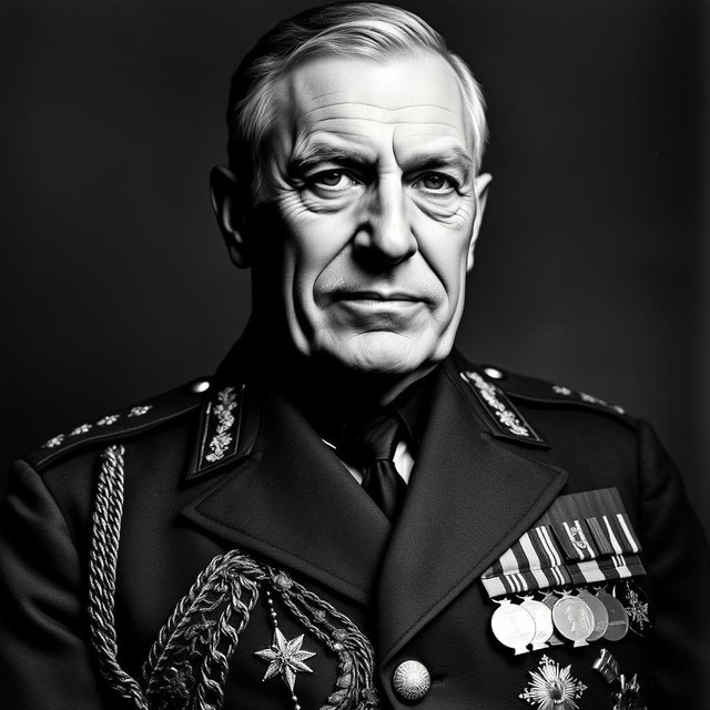 A striking black and white portrait of an older male Baltic general from the 1930s, exuding a sexy and commanding presence