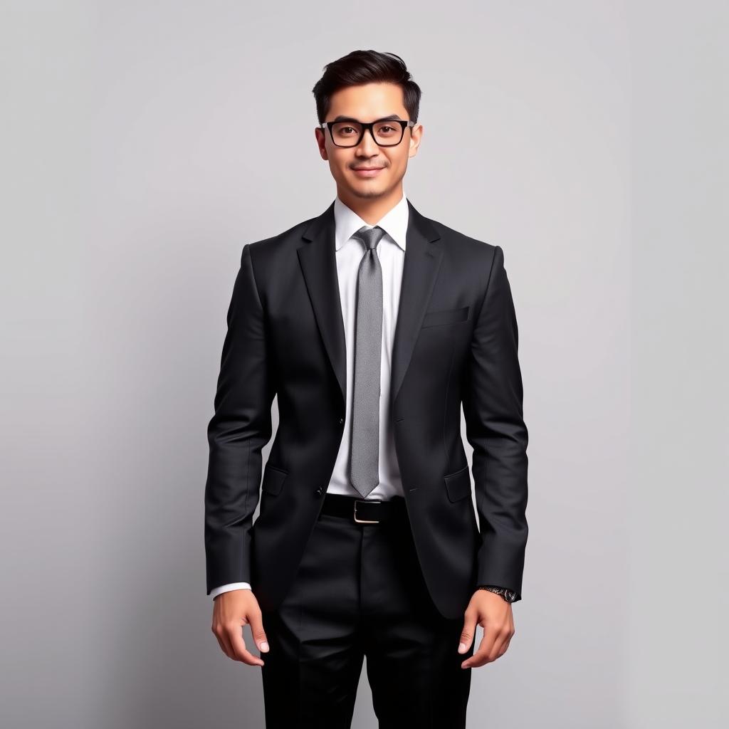 A full-body portrait of a confident individual wearing formal attire, complete with a sharp suit, polished shoes, and stylish power glasses