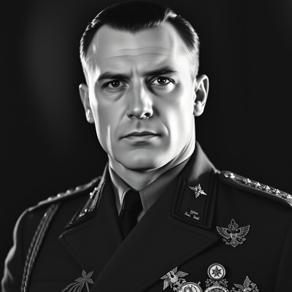 A powerful black and white portrait of a male Baltic general from the 1930s, embodying a sexy and commanding presence