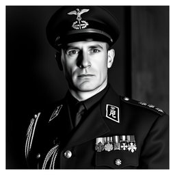 A powerful black and white portrait of a male Baltic general from the 1930s, embodying a sexy and commanding presence