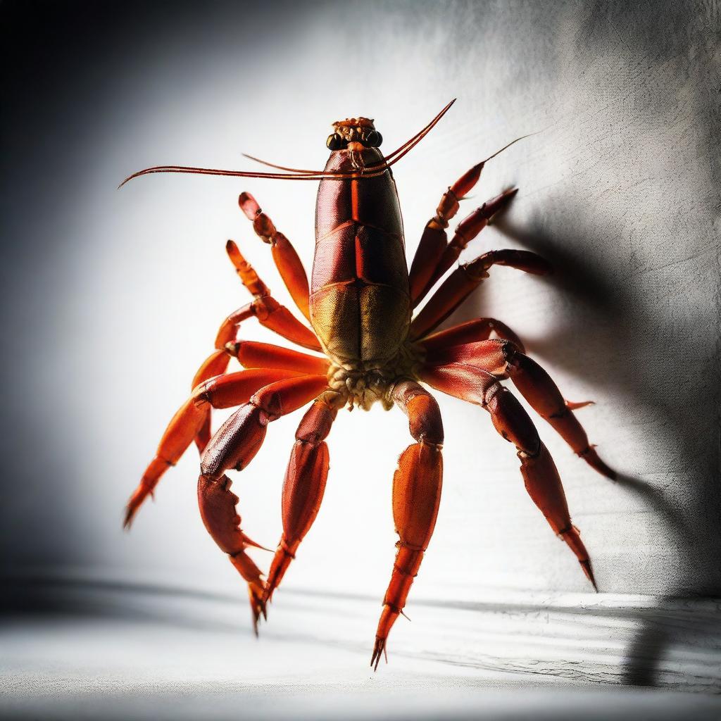 A crayfish ballerina striking a dramatic pose, in an historical setting. The moment is captured as an abstract, artistic photograph, focusing on dramatic shadows, unique composition and exceptional angles.