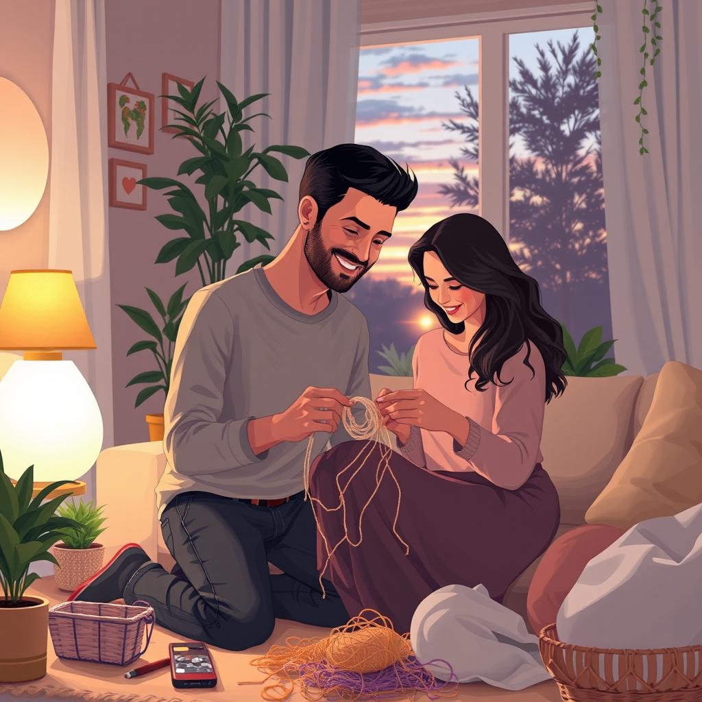 A warm and intimate scene depicting a couple in their cozy living room, where the husband is assisting his wife with a home project