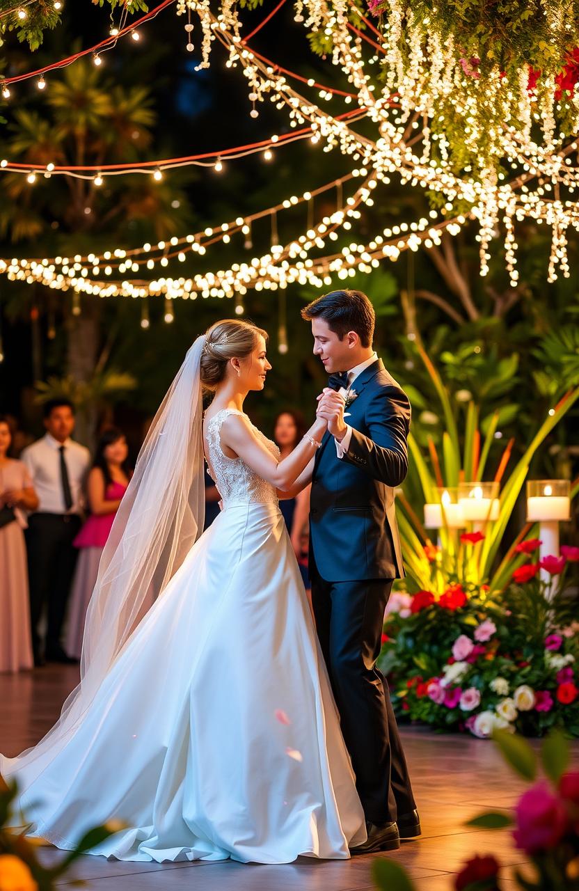 A romantic and enchanting wedding dance scene inspired by the works of Amador Daguio, featuring a beautiful bride in a flowing white gown and a handsome groom wearing a classic tuxedo