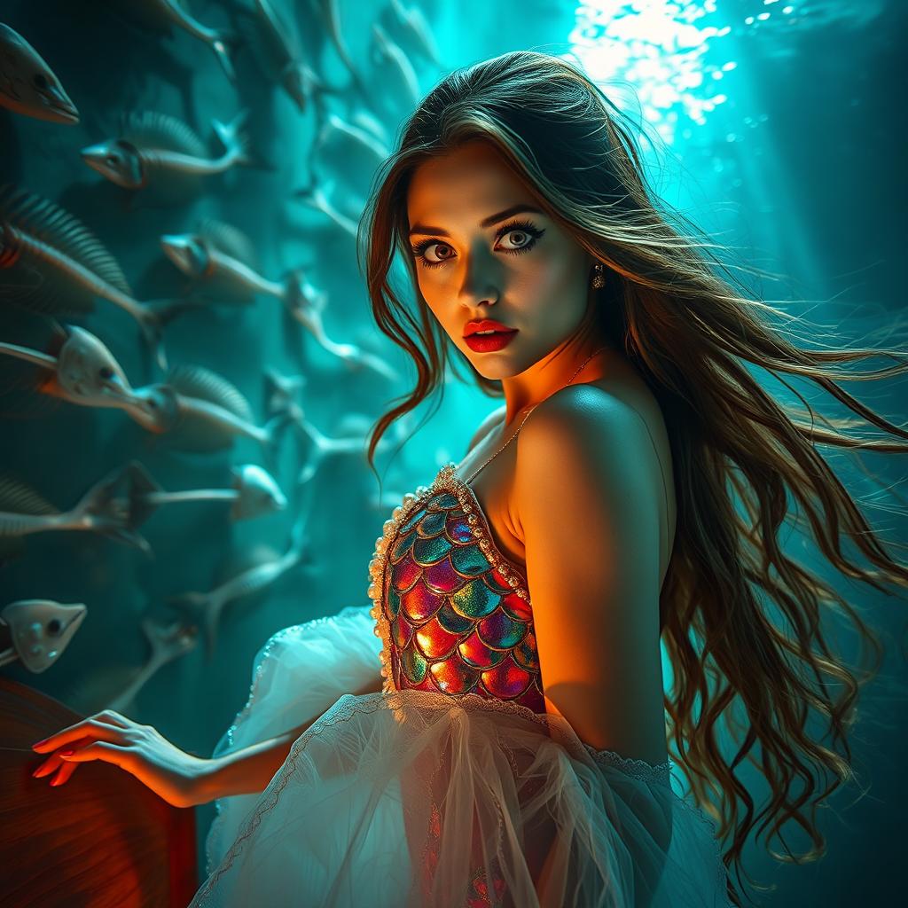 A striking underwater scene featuring a beautiful woman with long flowing hair, dressed in an elaborate mermaid costume adorned with vibrant scales and shimmering pearls