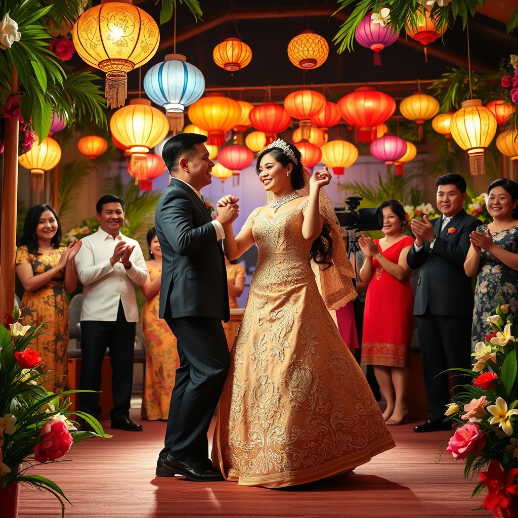 A vibrant and festive scene depicting a traditional Filipino wedding dance inspired by the works of Amador Daguio