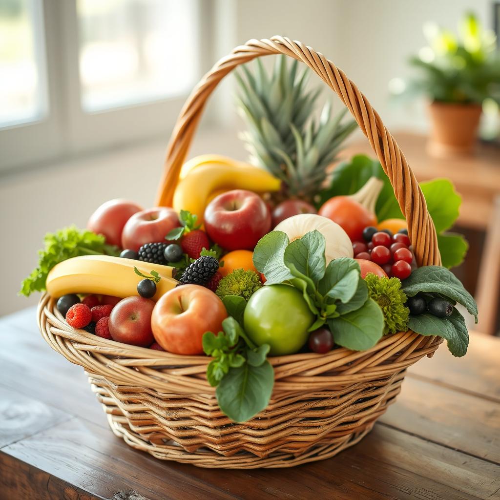 A beautifully arranged basket filled with an assortment of colorful fruits and vegetables, showcasing a vibrant display of fresh produce