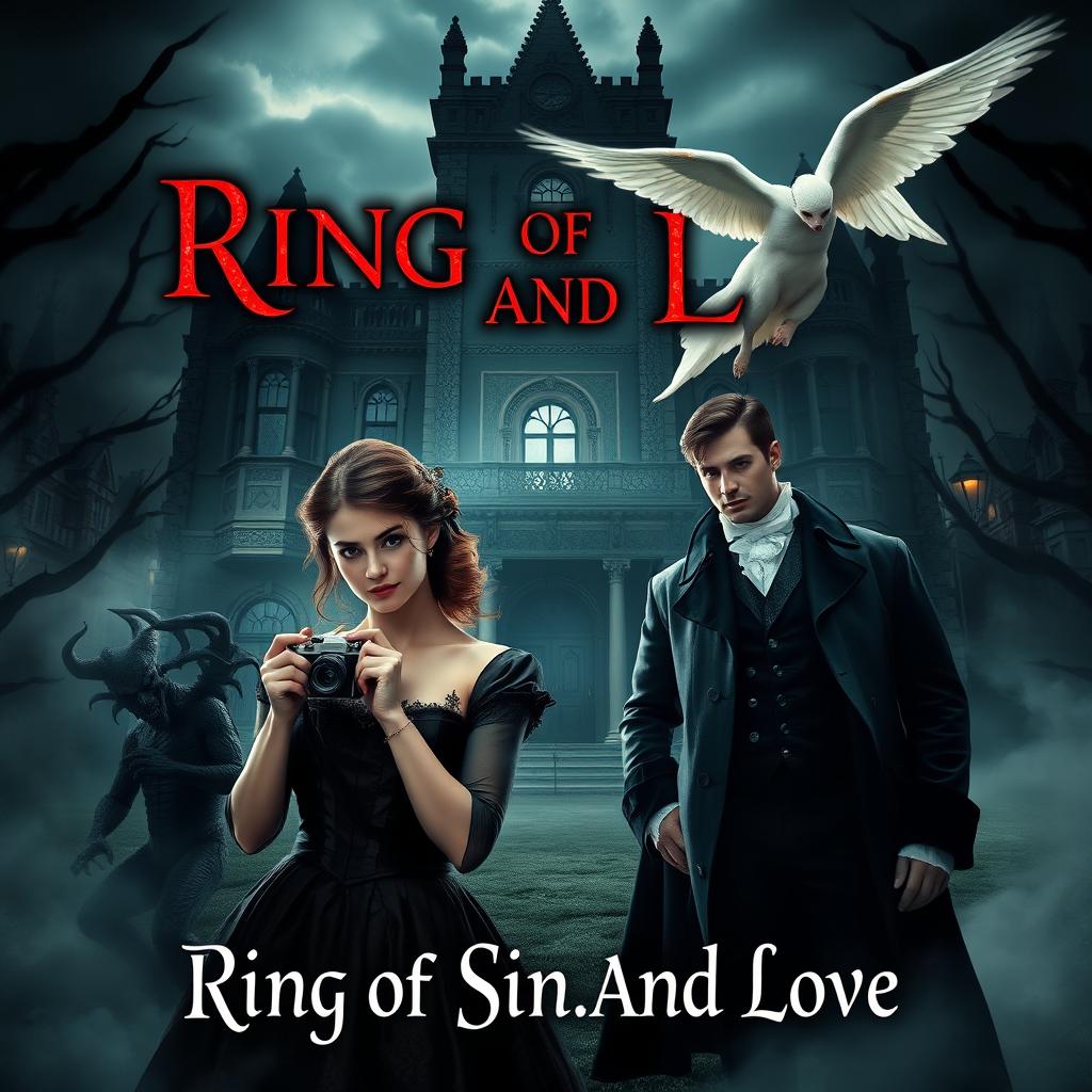 An enchanting book cover for 'Ring Of Sin And Love', capturing the essence of gothic romance mixed with horror