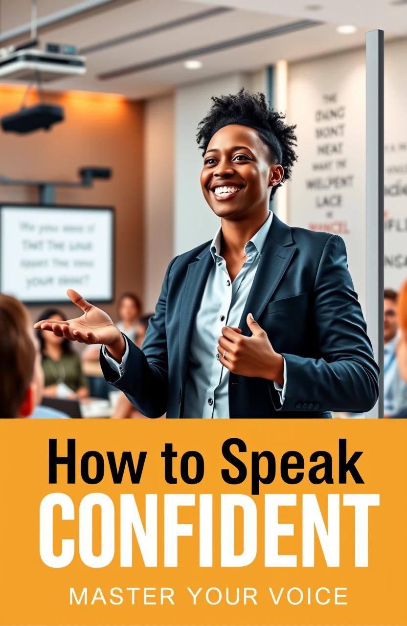 A beautifully designed e-book cover titled 'How to Speak Confident: Master Your Voice', featuring a charismatic speaker confidently addressing an audience in a modern, stylish conference room