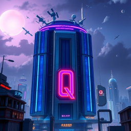 A large, tall sci-fi skyscraper in a striking blue and silver color scheme, designed to be both imposing and futuristic
