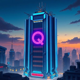 A large, tall sci-fi skyscraper in a striking blue and silver color scheme, designed to be both imposing and futuristic