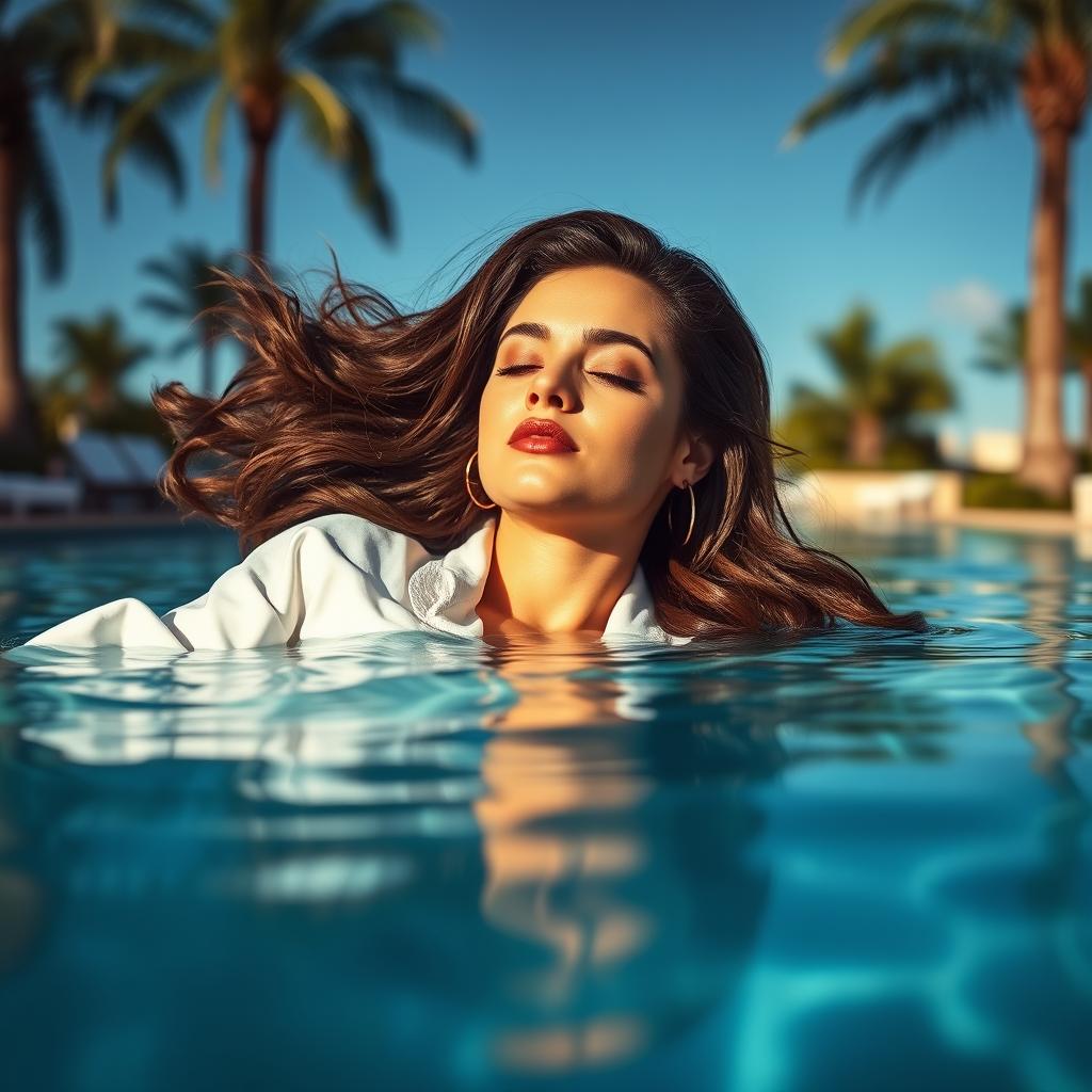 A striking and dramatic scene showcasing an extremely attractive businesswoman in a luxurious robe, floating in a tranquil swimming pool