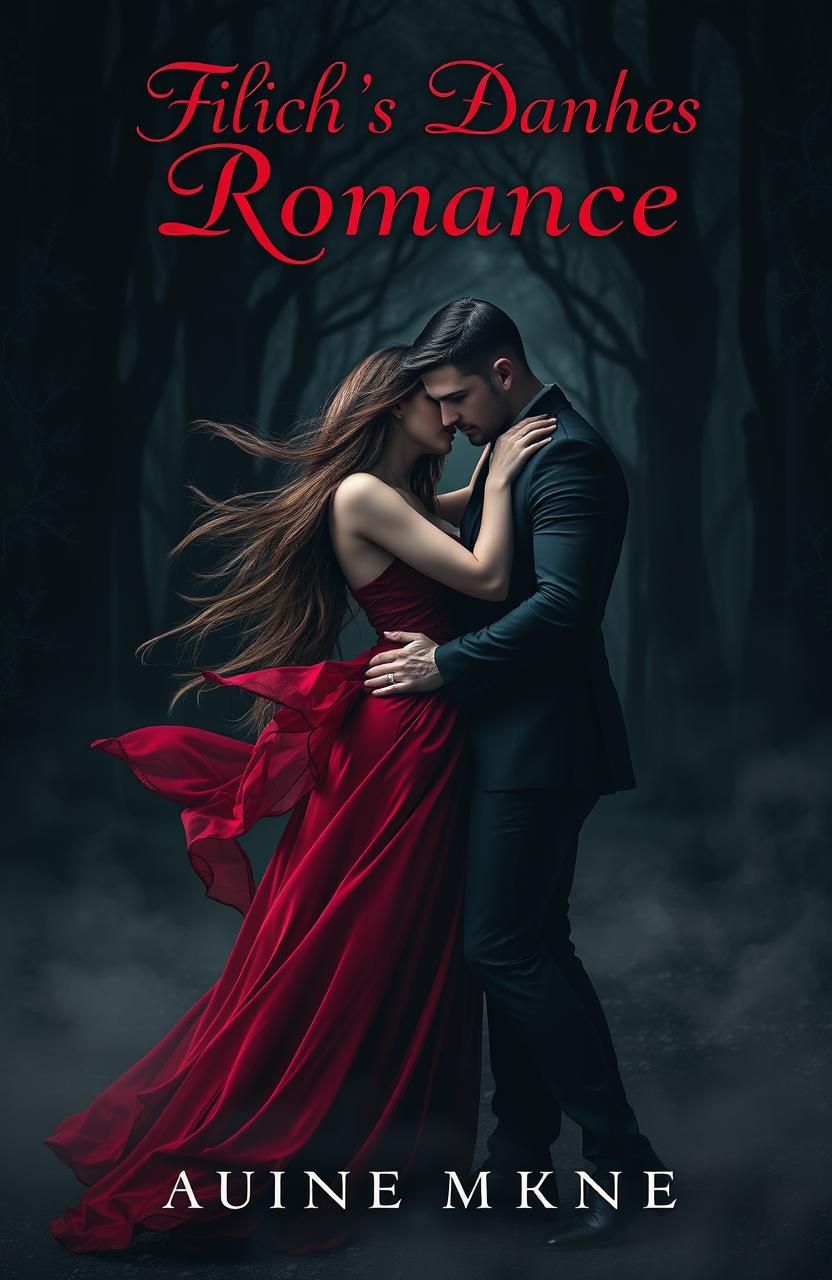 A dark romance book cover featuring an enigmatic couple entwined in a passionate embrace
