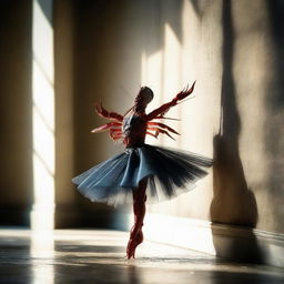 A crayfish ballerina striking a dramatic pose, in an historical setting. The moment is captured as an abstract, artistic photograph, focusing on dramatic shadows, unique composition and exceptional angles.