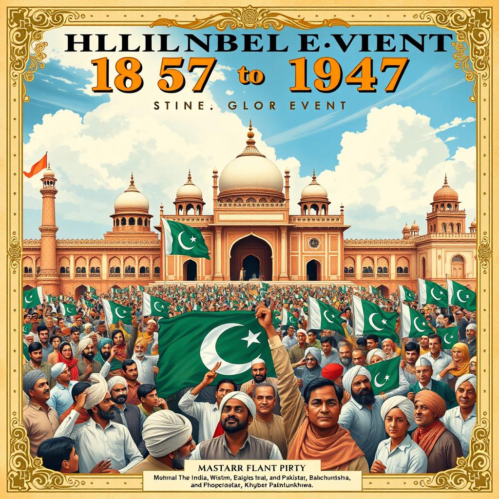 A vibrant and historically rich front page for a major event in Pakistan from 1857 to 1947, featuring a detailed illustration of significant moments during this period