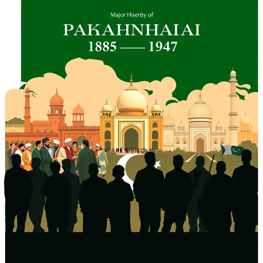 A captivating front page design for a major event in Pakistan, covering the years 1857 to 1947, showcasing key historical milestones