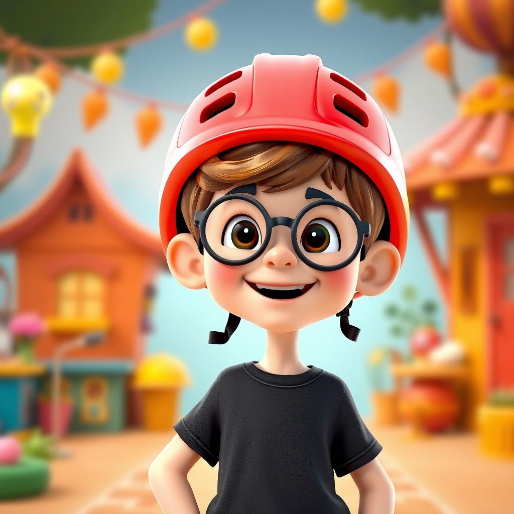 3D rendering of a cheerful cartoon character inspired by Disney, depicting a 6-year-old boy wearing round glasses, a bright red helmet, and a casual black t-shirt