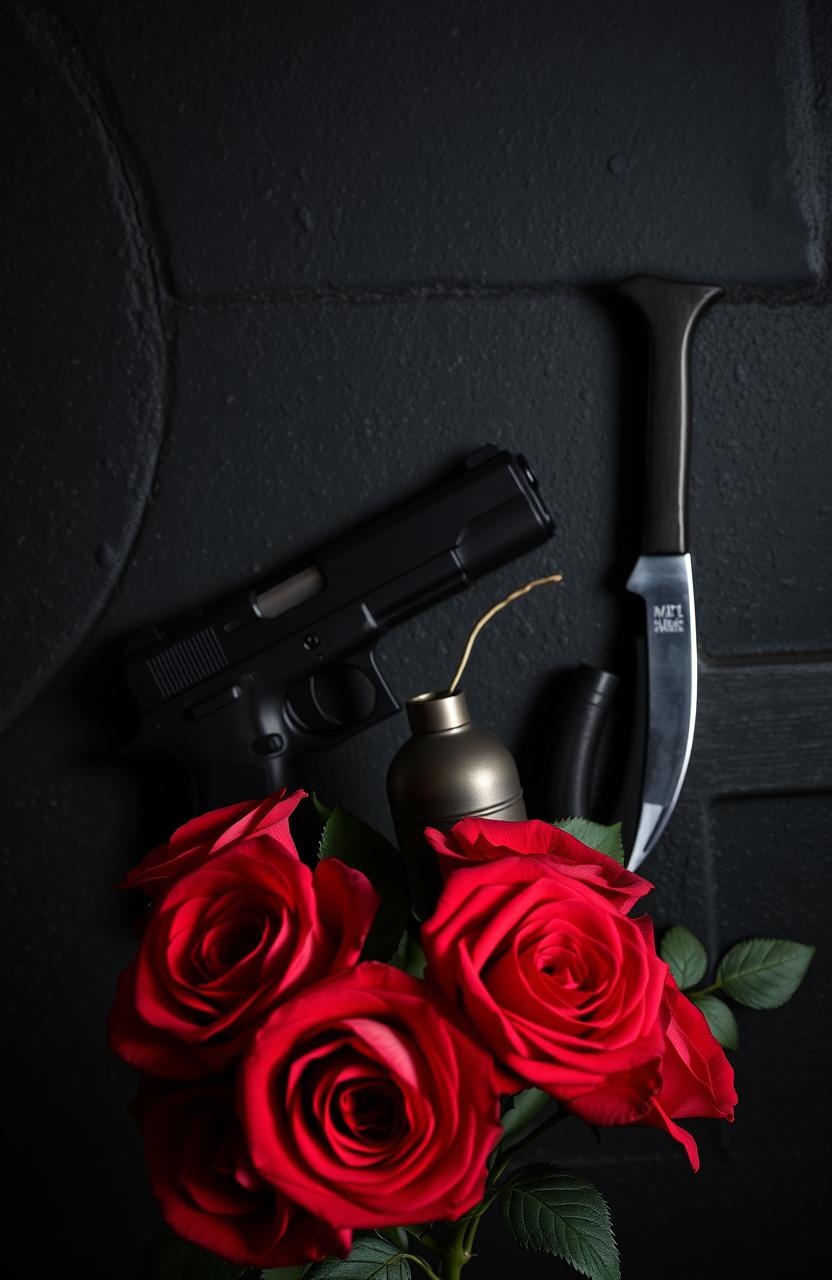 A striking composition featuring vibrant red roses in full bloom, placed prominently in the foreground