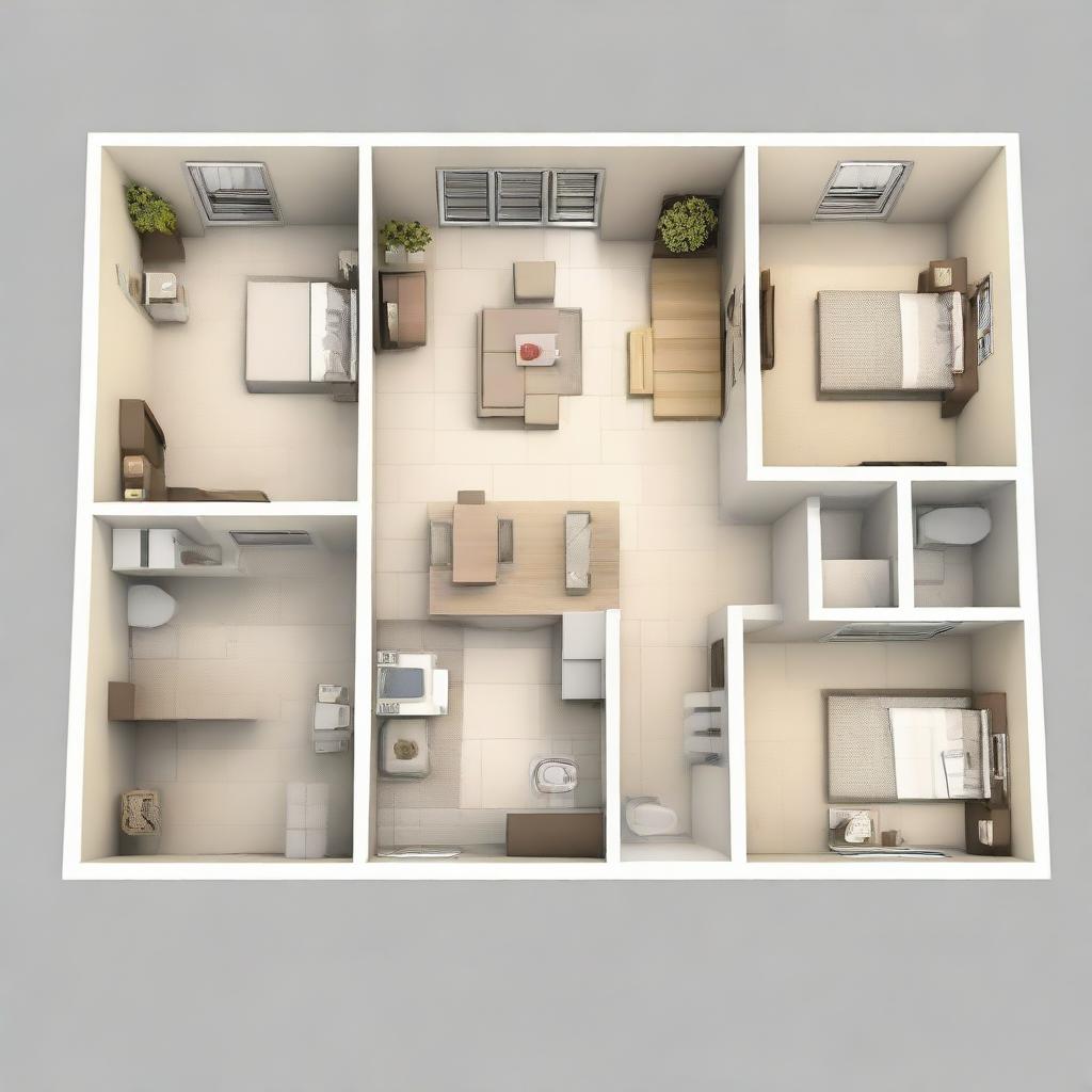 An architectural layout of a house featuring three bedrooms, a joint living room and kitchen, front and back doors with a passing hallway leading to the backdoor through two smaller rooms. No garage or bathrooms included.