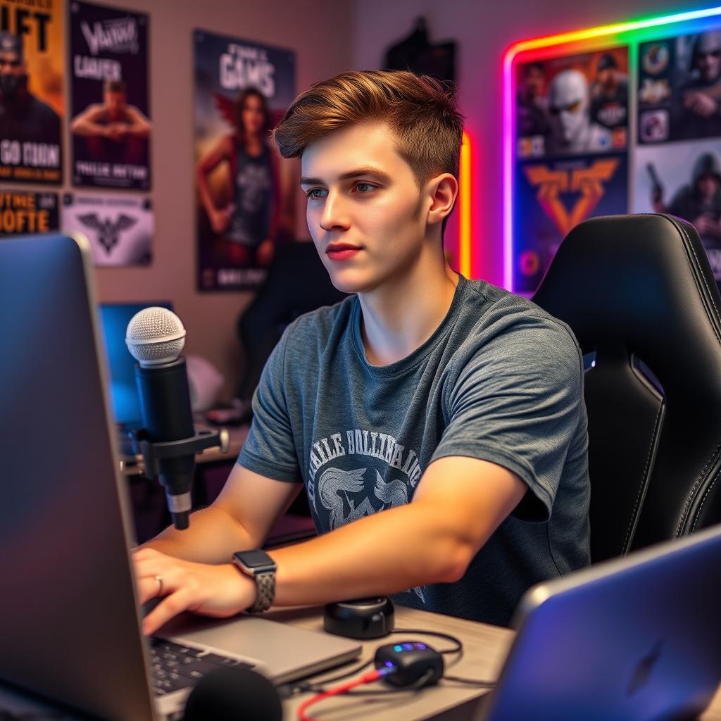 A 21-year-old man sitting at a computer desk, looking focused and engaged